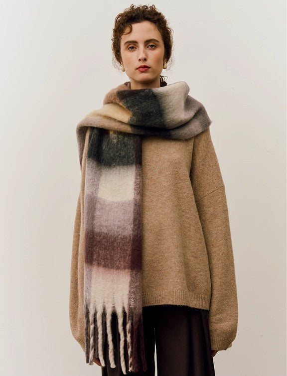 Fringe and Check Fluffy Scarf