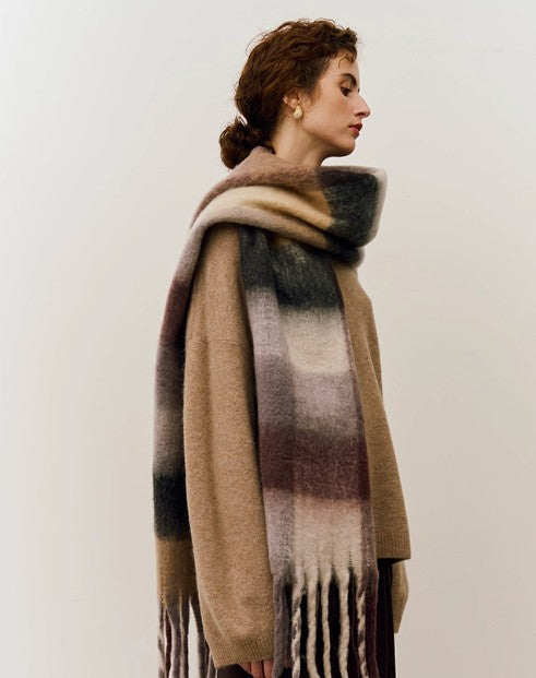 Fringe and Check Fluffy Scarf