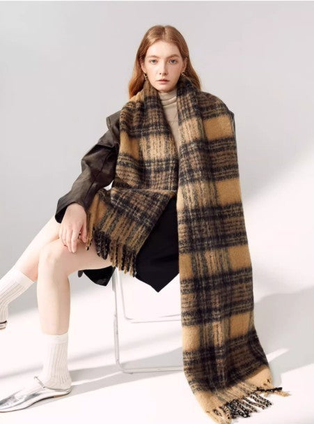 Warm Brown & Mustard Yellow Mohair Blend Scarf