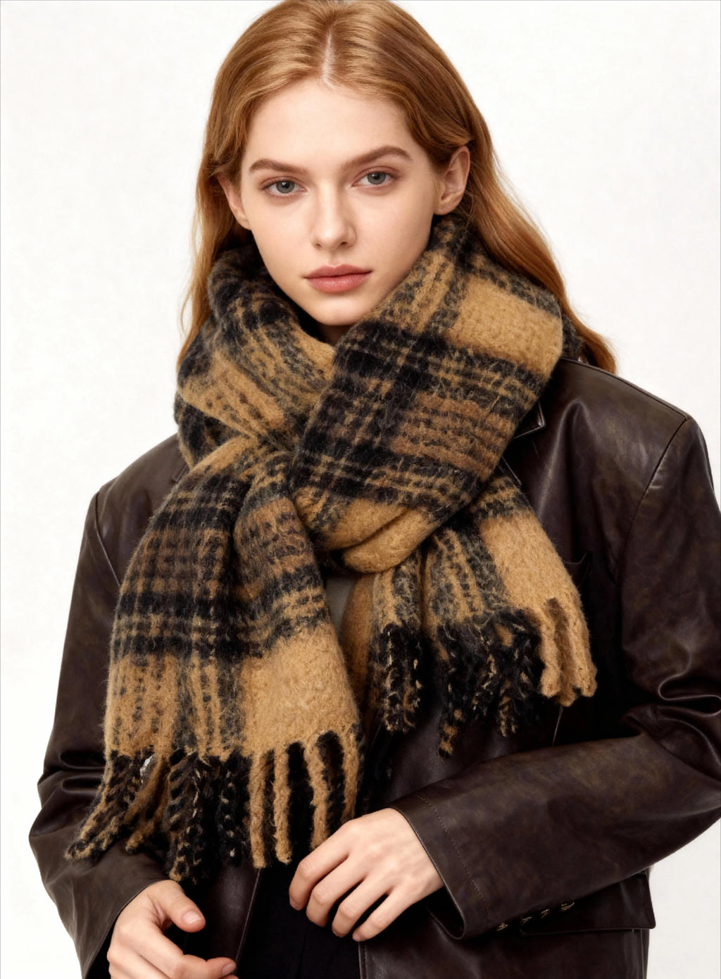 Warm Brown & Mustard Yellow Mohair Blend Scarf