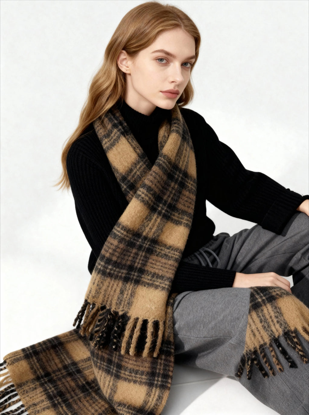 Warm Brown & Mustard Yellow Mohair Blend Scarf